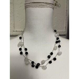 Black and Clear Crackle Glass Double Strand Layered Necklace Silver